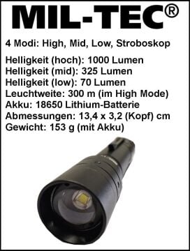 MIL-TEC® MISSION 1000 ŞARJLI EL FENERİ SİYAH